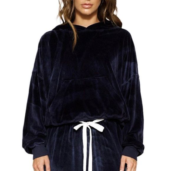 Boys Lie Peace of Reign Navy Blue Velour Cropped Hoodie - Size Medium/Large - Picture 1 of 7